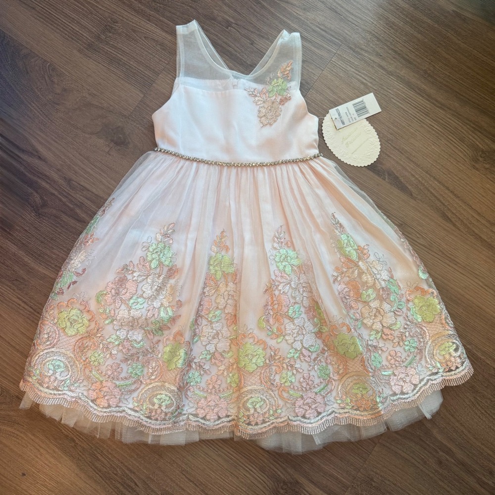 American Princess Girls Light Peach Floral Embroidered Tulle Formal Dress A47638